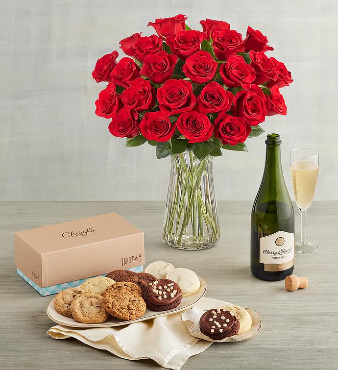 Two Dozen Red Roses, a Dozen Cheryl's® Cookies, and Wine